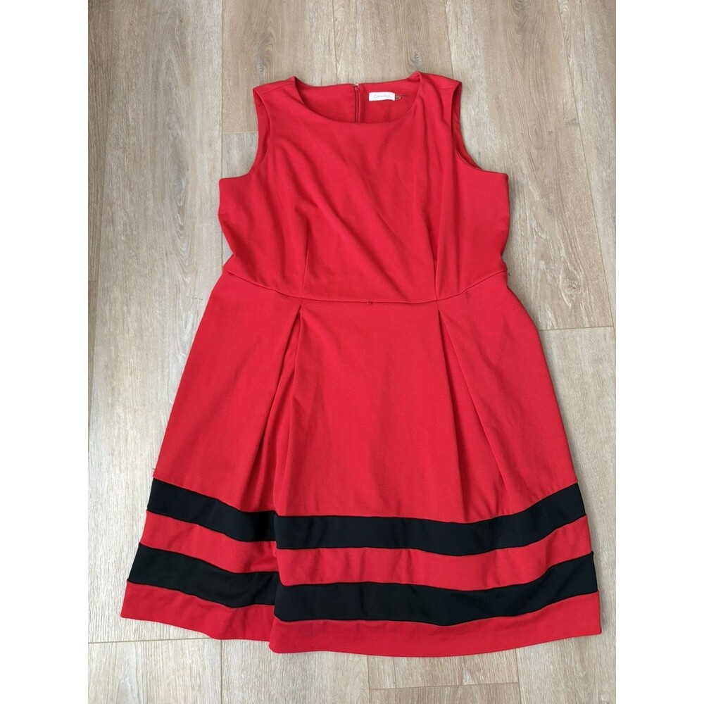 Calvin Klein Red Black Colorblock Stripe Pleated Fit & Flare Dress Size 18W
